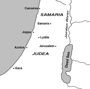 A map of the towns mentioned in Acts 9:32-43.